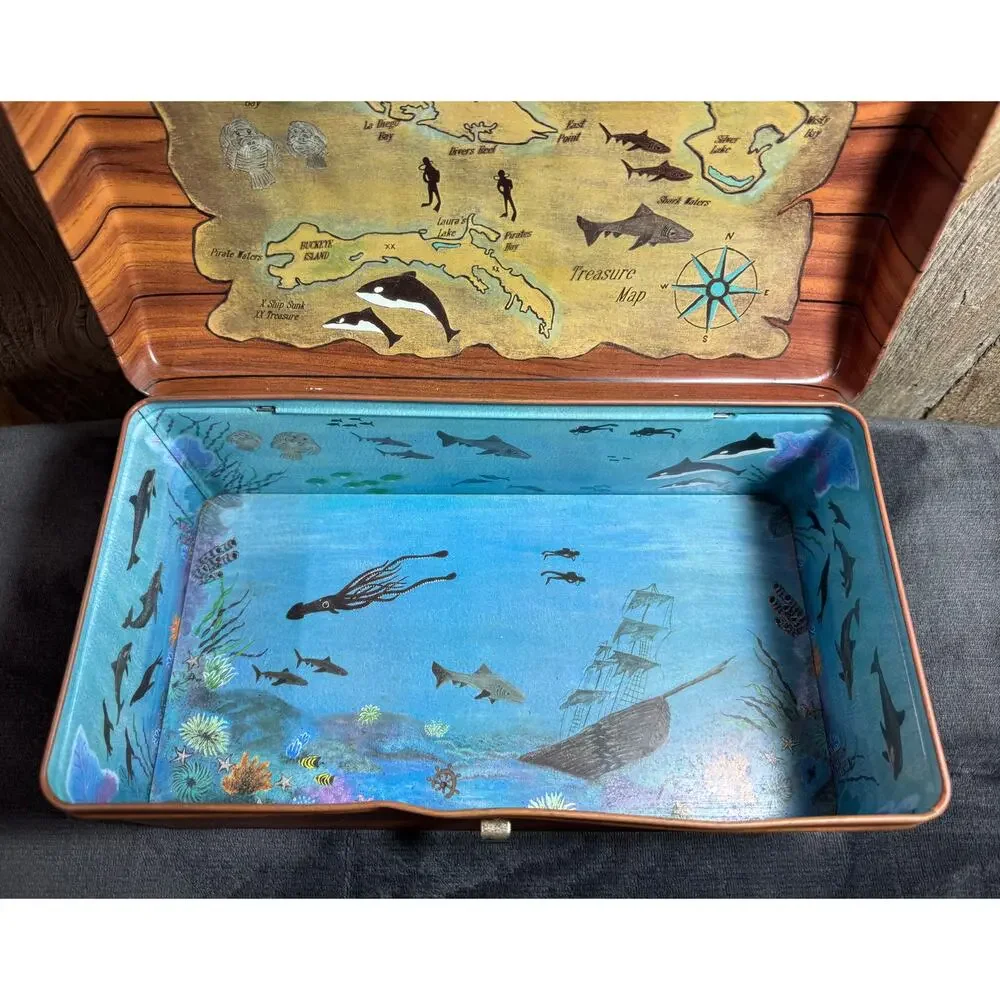 Rare Vintage Tin Litho Treasure Box Hand Painted Metal Pirate Chest Booty